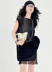 Fine Beige Hollow Out Back Side Open Knit Tops Sleeveless