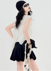 Fine Beige Hollow Out Back Side Open Knit Tops Sleeveless