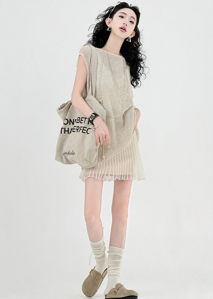 Fine Beige Hollow Out Back Side Open Knit Tops Sleeveless