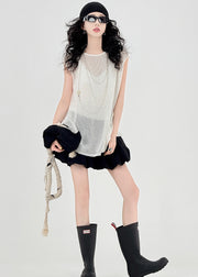 Fine Beige Hollow Out Back Side Open Knit Tops Sleeveless