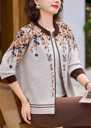 Fine Beige O-Neck Print Cotton Knit Cardigans Fall