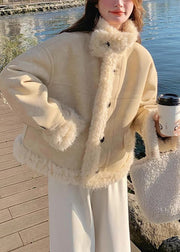 Fine Beige Oversized Patchwork Fleece Wool Lined Coats Winter