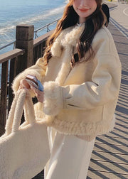 Fine Beige Oversized Patchwork Fleece Wool Lined Coats Winter