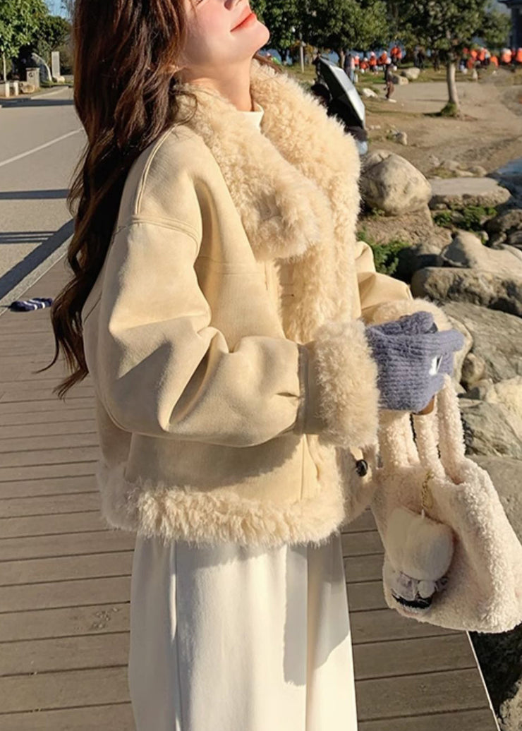 Fine Beige Oversized Patchwork Fleece Wool Lined Coats Winter