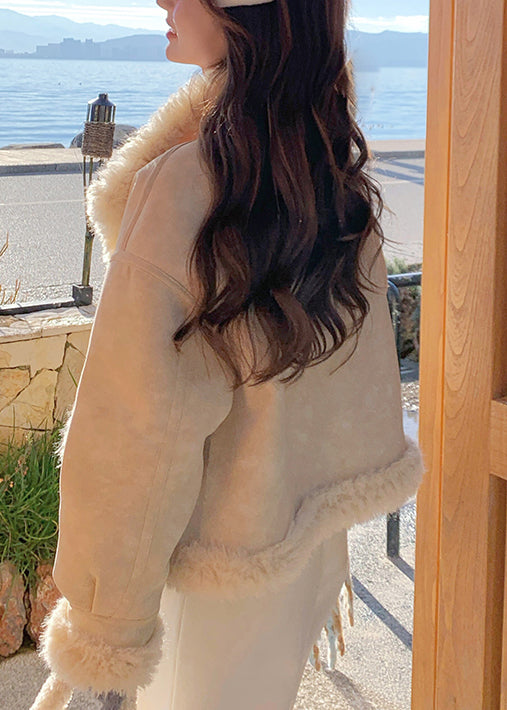 Fine Beige Oversized Patchwork Fleece Wool Lined Coats Winter