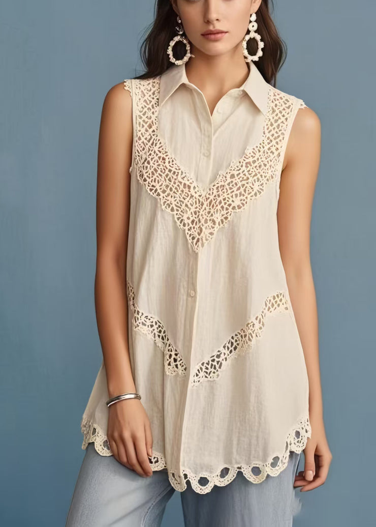 Fine Beige Peter Pan Collar Patchwork Lace Shirt Sleeveless