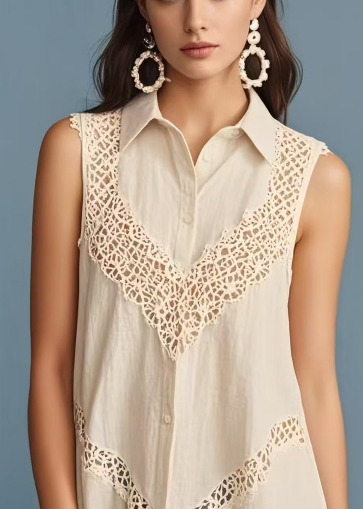 Fine Beige Peter Pan Collar Patchwork Lace Shirt Sleeveless