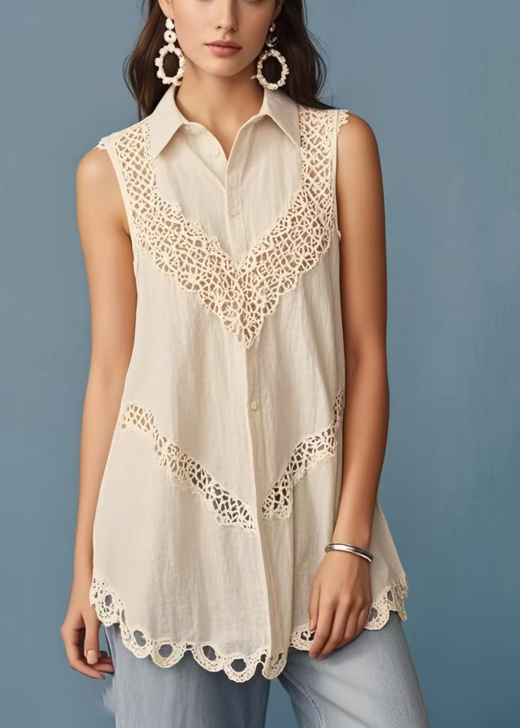 Fine Beige Peter Pan Collar Patchwork Lace Shirt Sleeveless