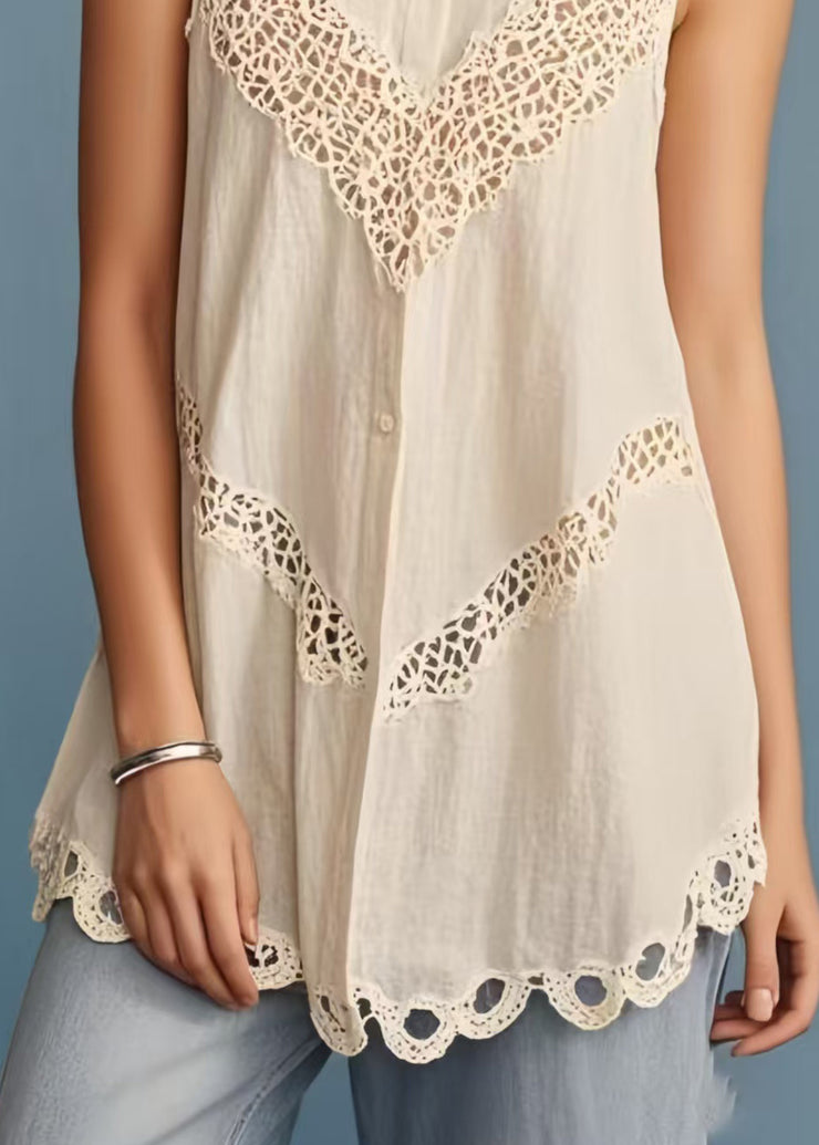 Fine Beige Peter Pan Collar Patchwork Lace Shirt Sleeveless