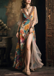 Fine Beige Print Patchwork Side Open Chiffon Vacation Dresses Summer