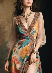 Fine Beige Print Patchwork Side Open Chiffon Vacation Dresses Summer