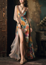 Fine Beige Print Patchwork Side Open Chiffon Vacation Dresses Summer