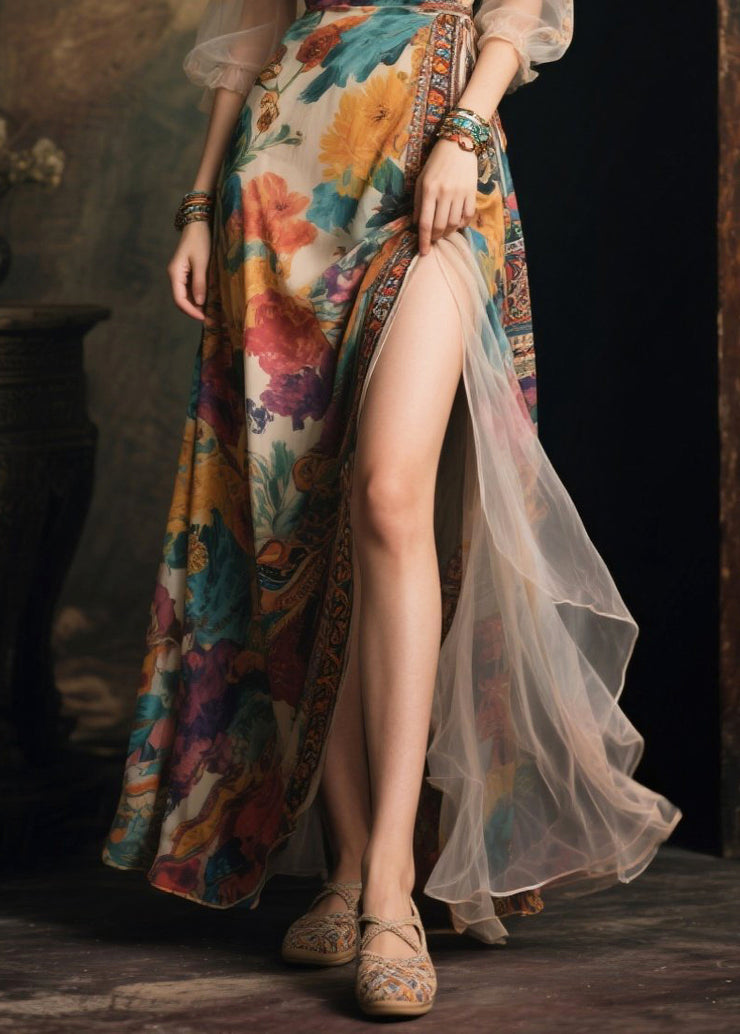 Fine Beige Print Patchwork Side Open Chiffon Vacation Dresses Summer