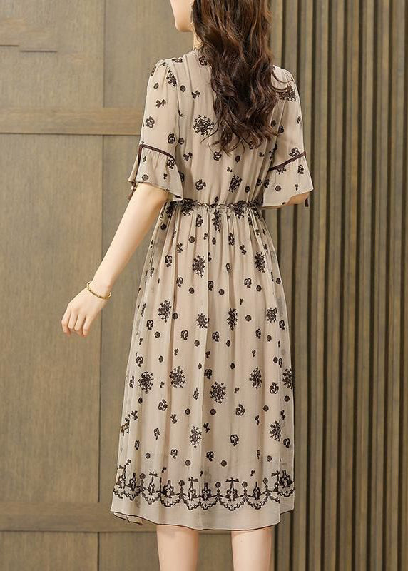 Fine Beige Ruffled Embroideried Exra Large Hem Silk Cinched Dress Summer