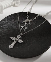 Fine Black Alloy Zircon Cross Chain Pentagram Pendant Necklace