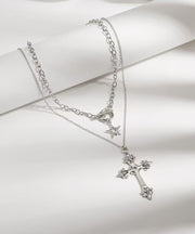 Fine Black Alloy Zircon Cross Chain Pentagram Pendant Necklace