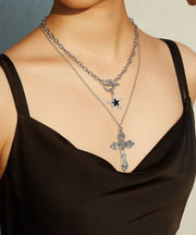 Fine Black Alloy Zircon Cross Chain Pentagram Pendant Necklace