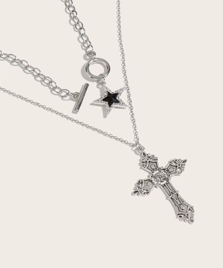 Fine Black Alloy Zircon Cross Chain Pentagram Pendant Necklace