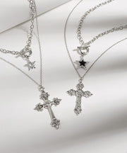 Fine Black Alloy Zircon Cross Chain Pentagram Pendant Necklace