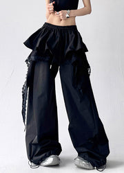 Fine Black Asymmetrical Lace Elastic Waist Cotton Pants Fall