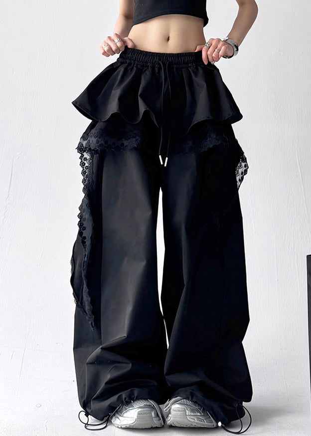 Fine Black Asymmetrical Lace Elastic Waist Cotton Pants Fall