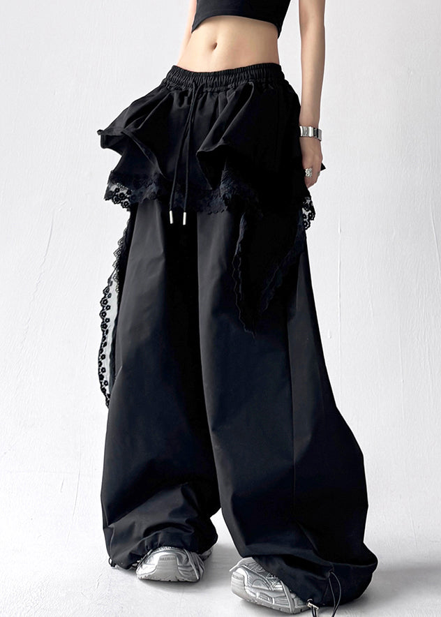 Fine Black Asymmetrical Lace Elastic Waist Cotton Pants Fall