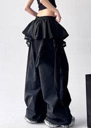 Fine Black Asymmetrical Lace Elastic Waist Cotton Pants Fall