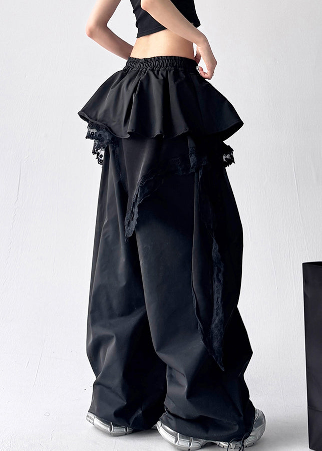 Fine Black Asymmetrical Lace Elastic Waist Cotton Pants Fall