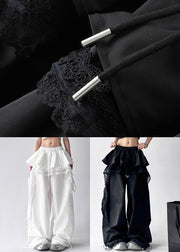 Fine Black Asymmetrical Lace Elastic Waist Cotton Pants Fall