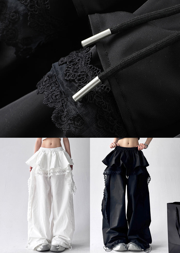 Fine Black Asymmetrical Lace Elastic Waist Cotton Pants Fall