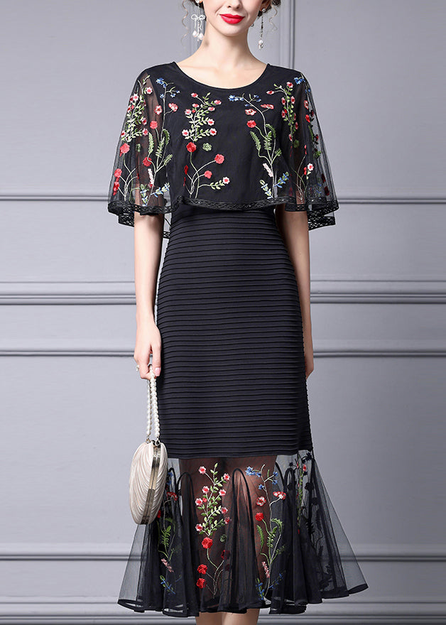 Fine Black Cape Style Dresses Multicolor Floral Embroidered Summer