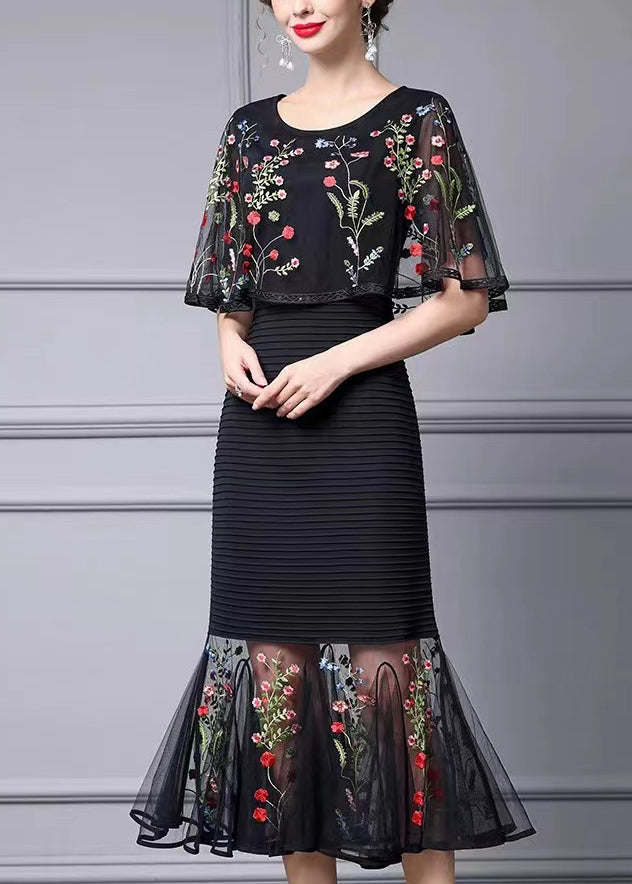 Fine Black Cape Style Dresses Multicolor Floral Embroidered Summer