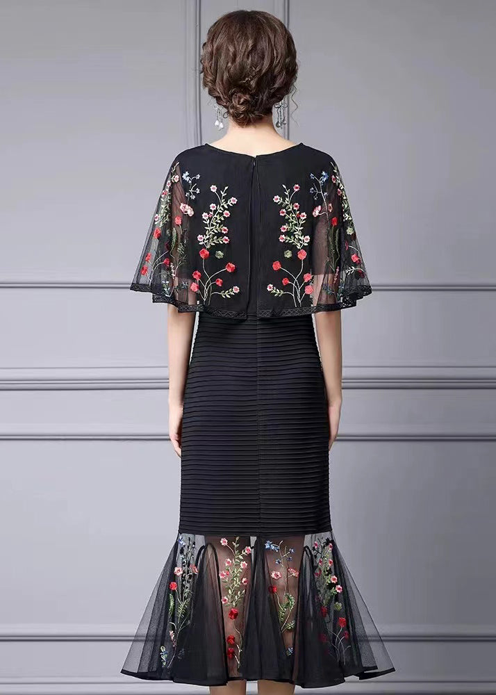 Fine Black Cape Style Dresses Multicolor Floral Embroidered Summer
