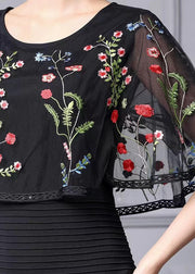 Fine Black Cape Style Dresses Multicolor Floral Embroidered Summer