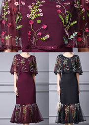 Fine Black Cape Style Dresses Multicolor Floral Embroidered Summer