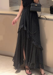 Fine Black Dot Ruffled Side Open Patchwork Chiffon Skirt Summer