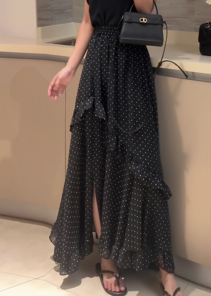 Fine Black Dot Ruffled Side Open Patchwork Chiffon Skirt Summer
