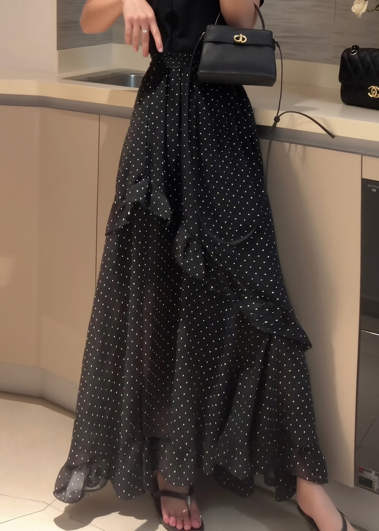 Fine Black Dot Ruffled Side Open Patchwork Chiffon Skirt Summer