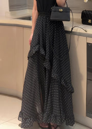 Fine Black Dot Ruffled Side Open Patchwork Chiffon Skirt Summer