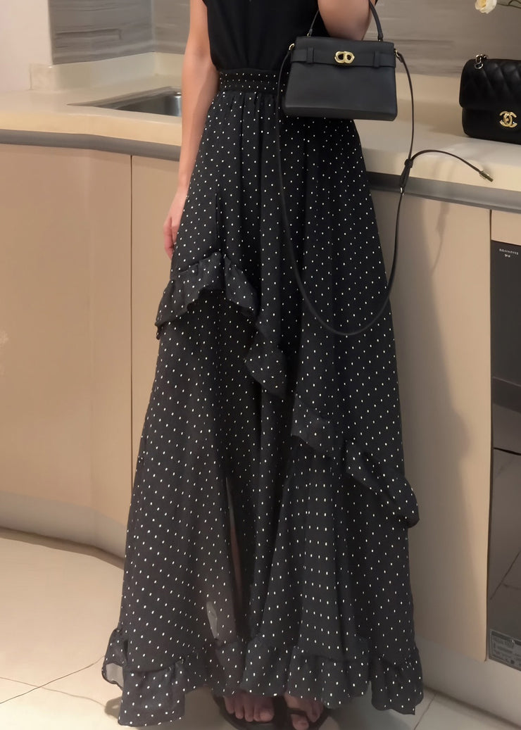 Fine Black Dot Ruffled Side Open Patchwork Chiffon Skirt Summer
