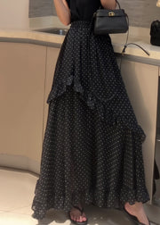 Fine Black Dot Ruffled Side Open Patchwork Chiffon Skirt Summer