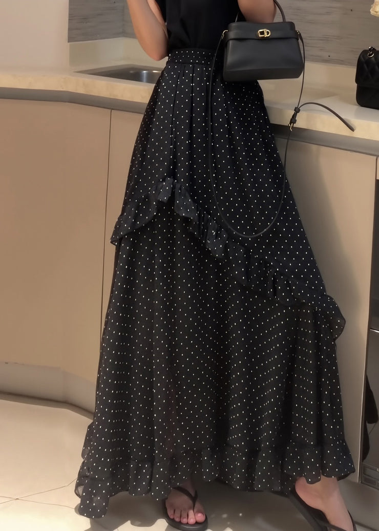 Fine Black Dot Ruffled Side Open Patchwork Chiffon Skirt Summer
