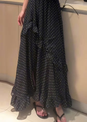 Fine Black Dot Ruffled Side Open Patchwork Chiffon Skirt Summer