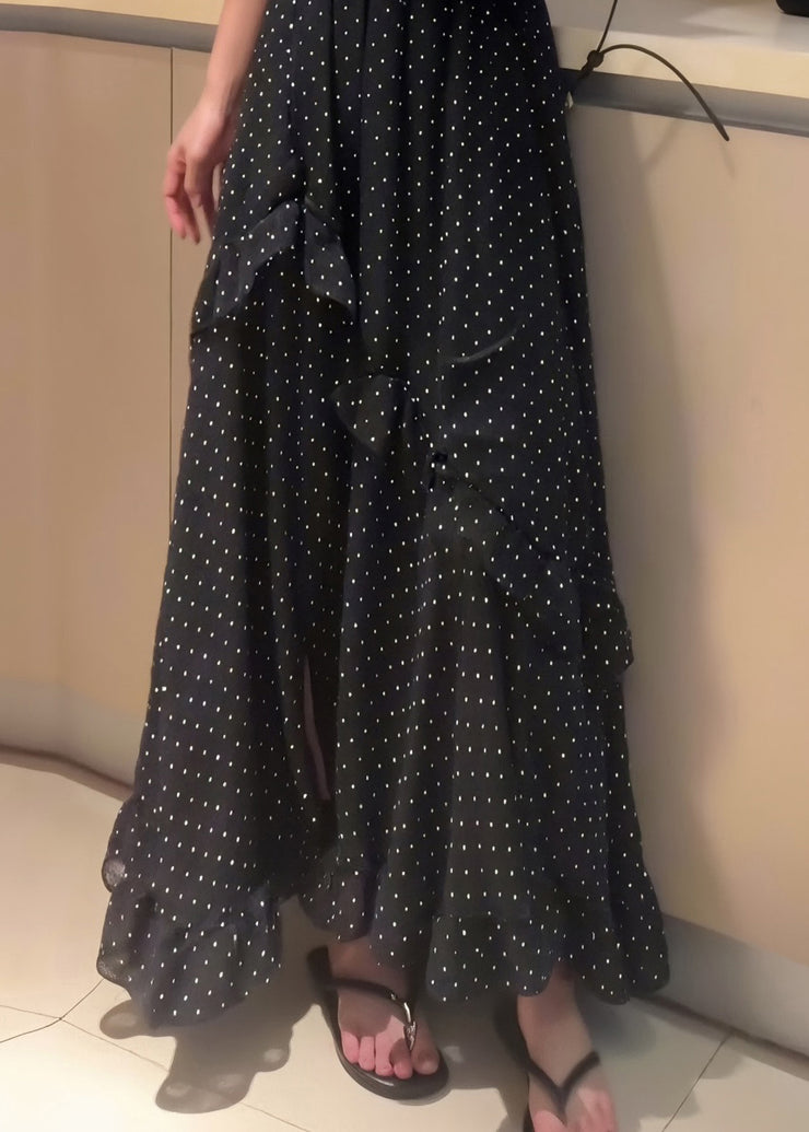 Fine Black Dot Ruffled Side Open Patchwork Chiffon Skirt Summer