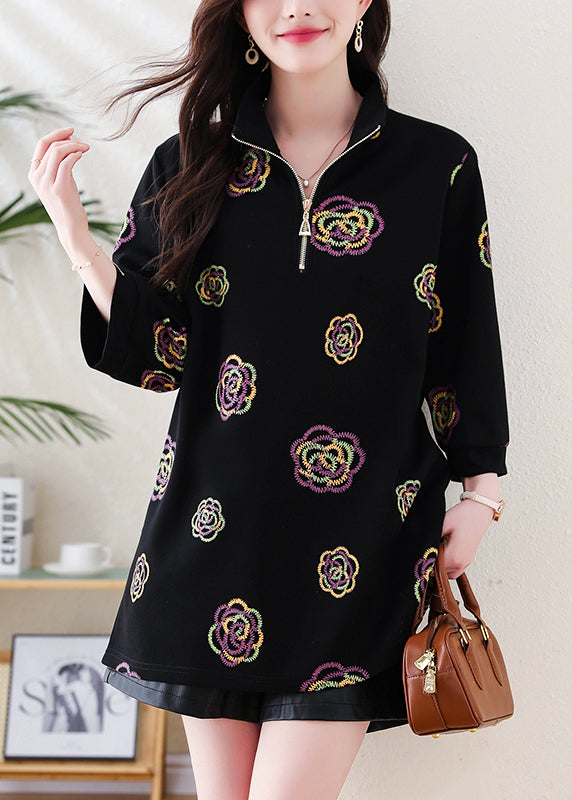 Fine Black Embroidered Cotton Sweatshirt Tops Bracelet Sleeve