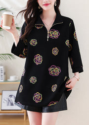 Fine Black Embroidered Cotton Sweatshirt Tops Bracelet Sleeve
