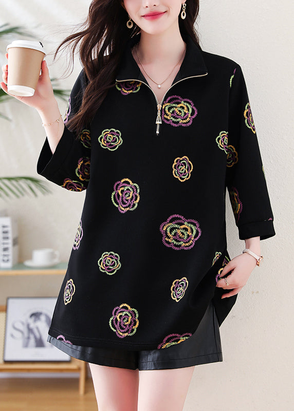 Fine Black Embroidered Cotton Sweatshirt Tops Bracelet Sleeve