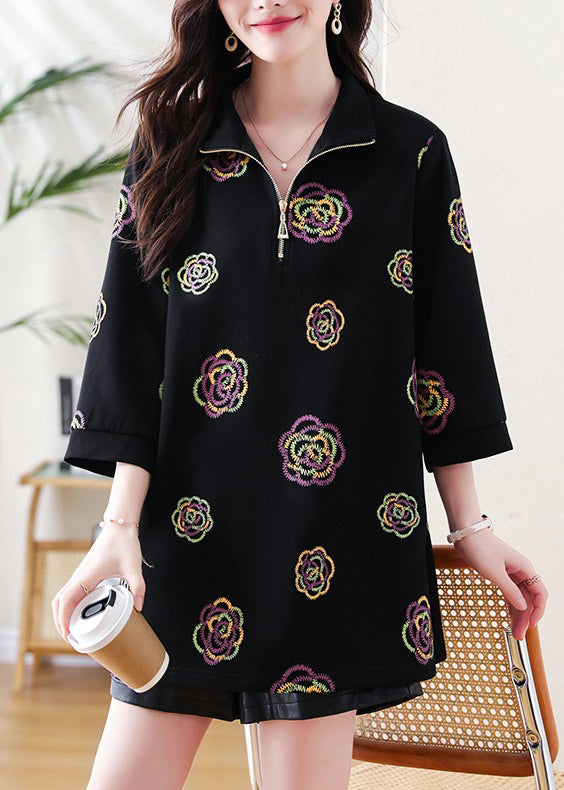 Fine Black Embroidered Cotton Sweatshirt Tops Bracelet Sleeve