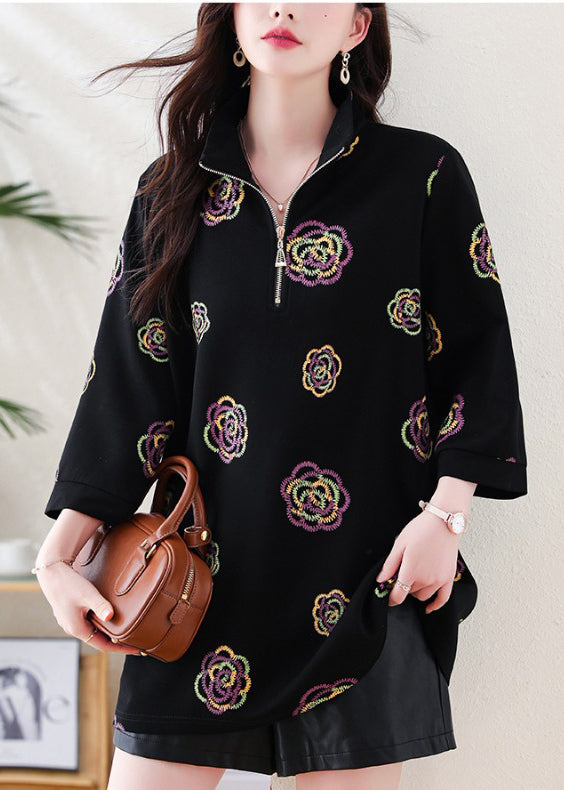Fine Black Embroidered Cotton Sweatshirt Tops Bracelet Sleeve