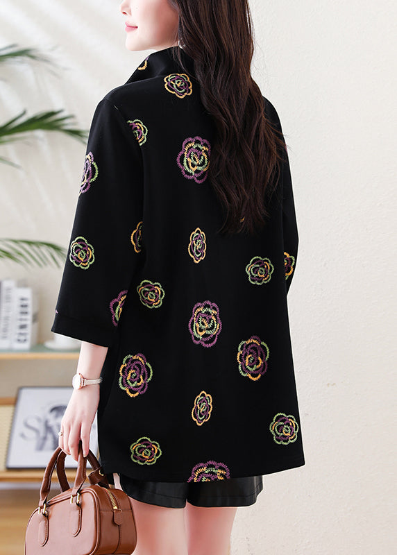 Fine Black Embroidered Cotton Sweatshirt Tops Bracelet Sleeve